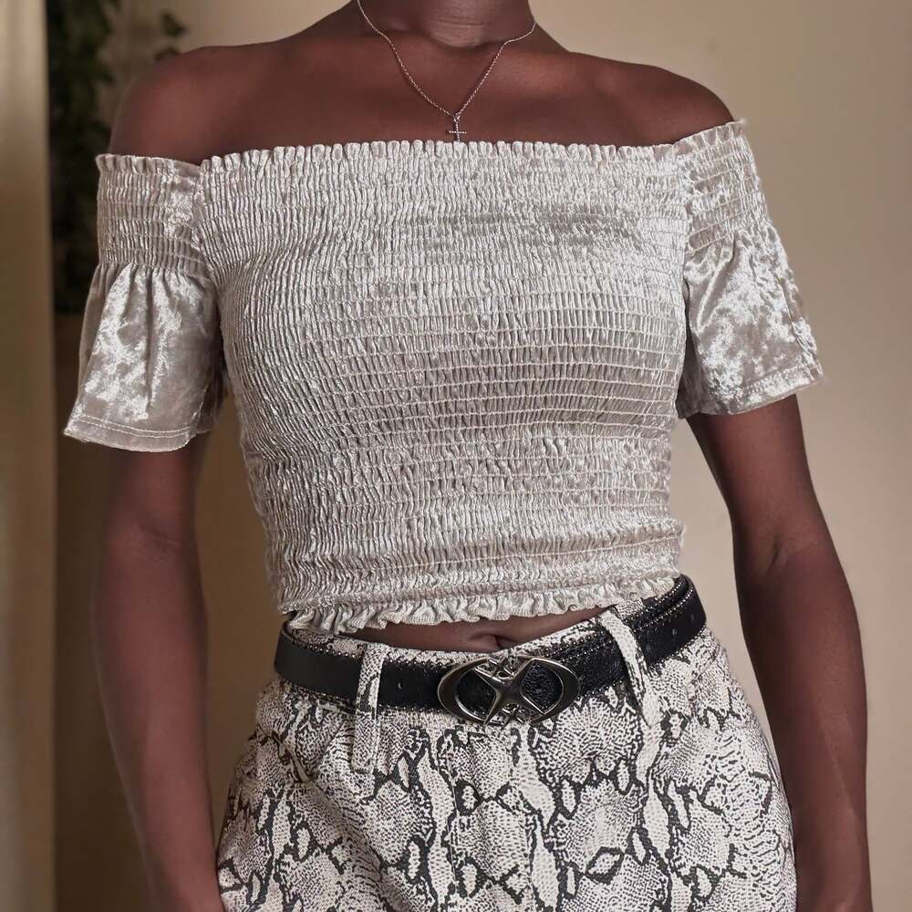 Metallic Gray Off Shoulder Smocked Crop Top